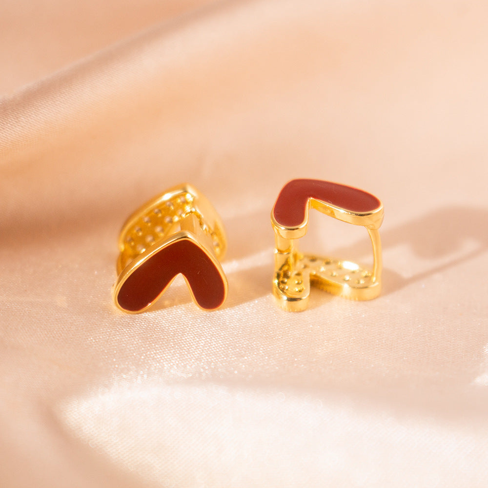 Wholesale  Red Oil Dropping Zircon Double-sided Love Ear Buckle  Retro Earrings