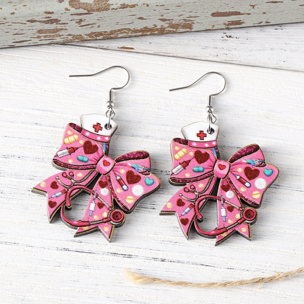 Wholesale Nurses' Day Pink Love Heart Nurse Hat Stethoscope Bow Pendant Earrings
