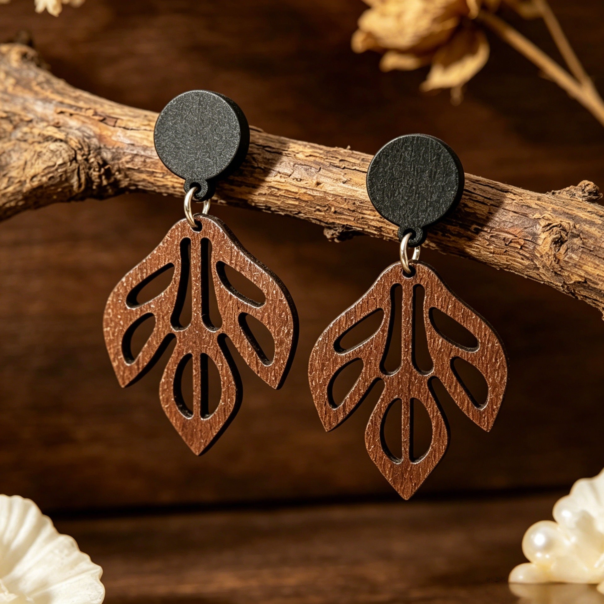Wholesale Vintage Style Hollow Leaf Wooden Earrings in Black and Brown,  Trendy Jewelry Accessory for Everyday Wear