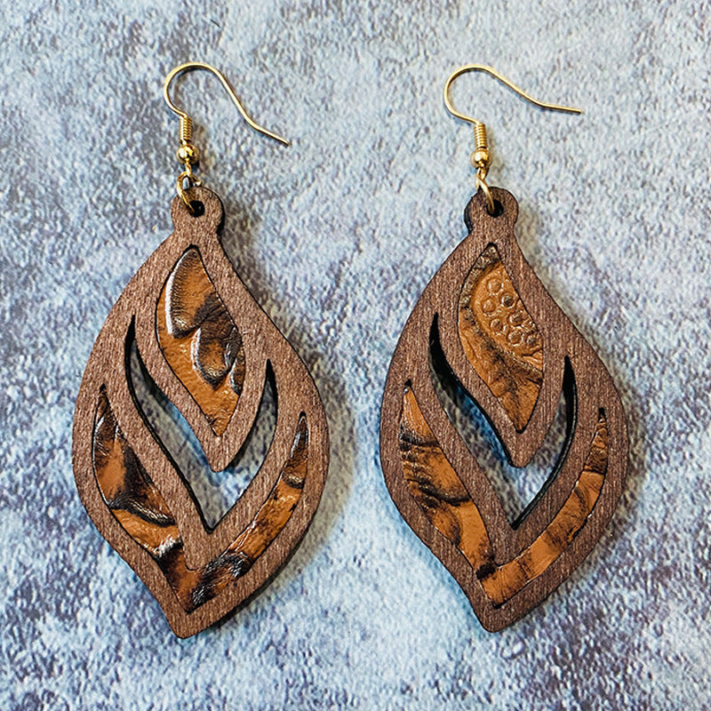 Wholesale retro Western cowhide embossed inlaid wooden earrings