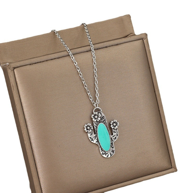 Wholesale Retro Cactus Turquoise Inlay Alloy Pendant Necklace - Boutique Resale Jewelry