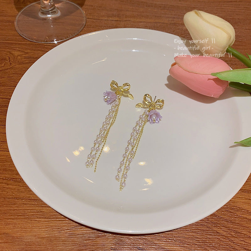 Wholesale Bow Romantic Purple Lan Ling Hua Su Pearl S925 Silver Needle Earrings Bow Earrings Pearl Earrings ACC-ES-HanJue001