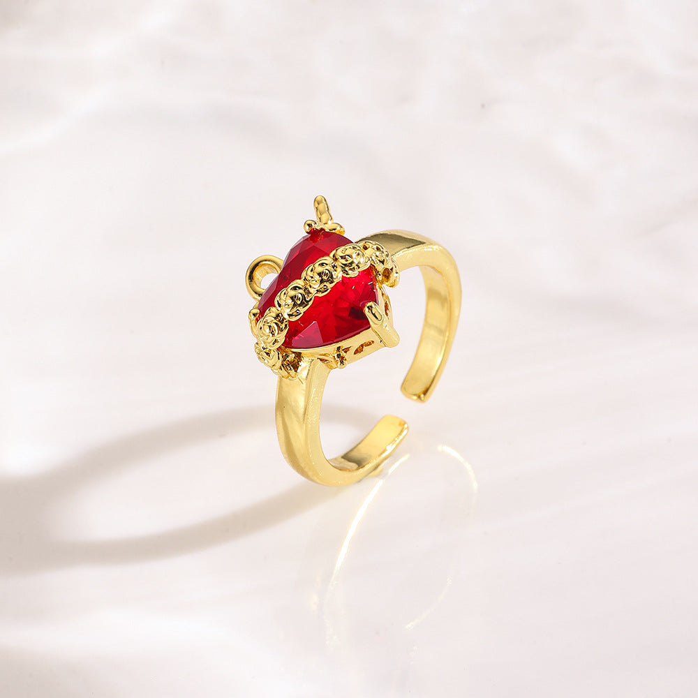 Wholesale Stylish Crown Heart Zircon Open Ring For Women Red Copper Fashion Jewelry Accessory For Everyday Wear And Boutique Resale
