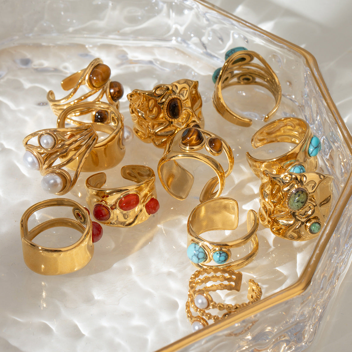 Wholesale 18k gold stainless steel round  pearl smooth hollow opening ring