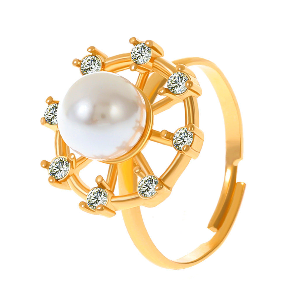 Wholesale  Pearl Ring diamond-embedded hollow flower index finger ring