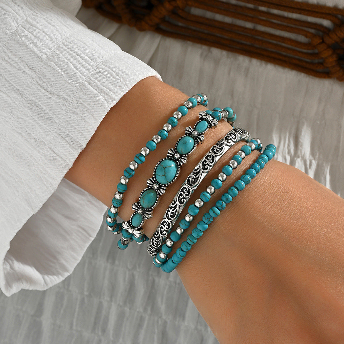 Wholesale Alloy Electroplated Bohemian Beaded Bow Bracelet Set - Retro Turquoise Inlaid,  Fashion Jewelry Accessory for Everyday Wear