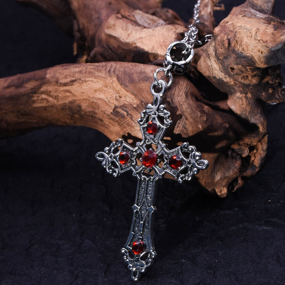 Wholesale  retro gothic punk style inlaid gemstone cross pendant necklace