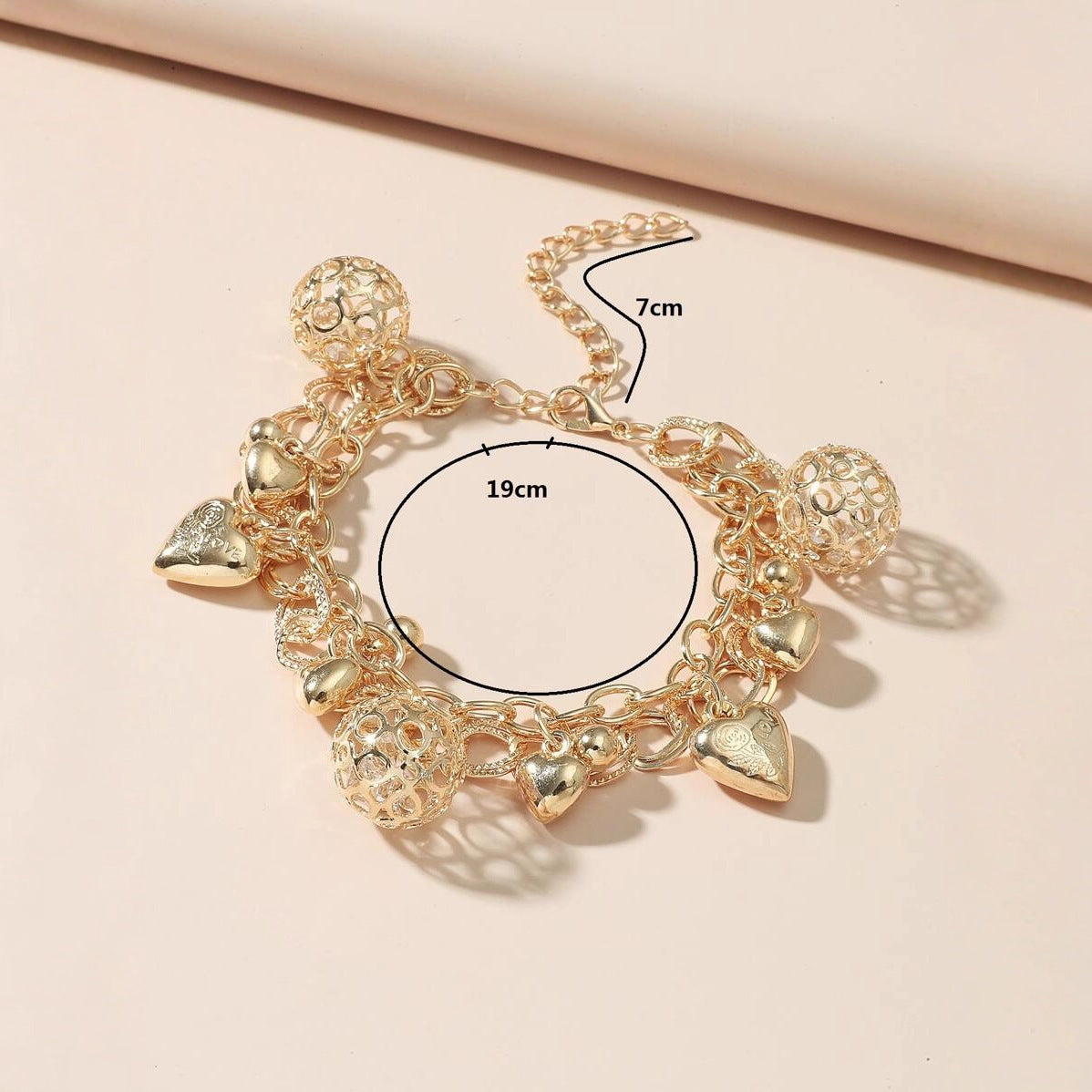 Wholesale Fashionable Cross-Border Korean Style Heart Letter Hollow Ball Pendant Double-Layer Bracelet Exquisite Gold Versatile Personalized Bracelet