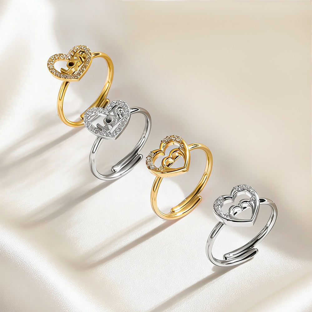 Wholesale 2PCS Titanium steel heart-shaped zircon open ring