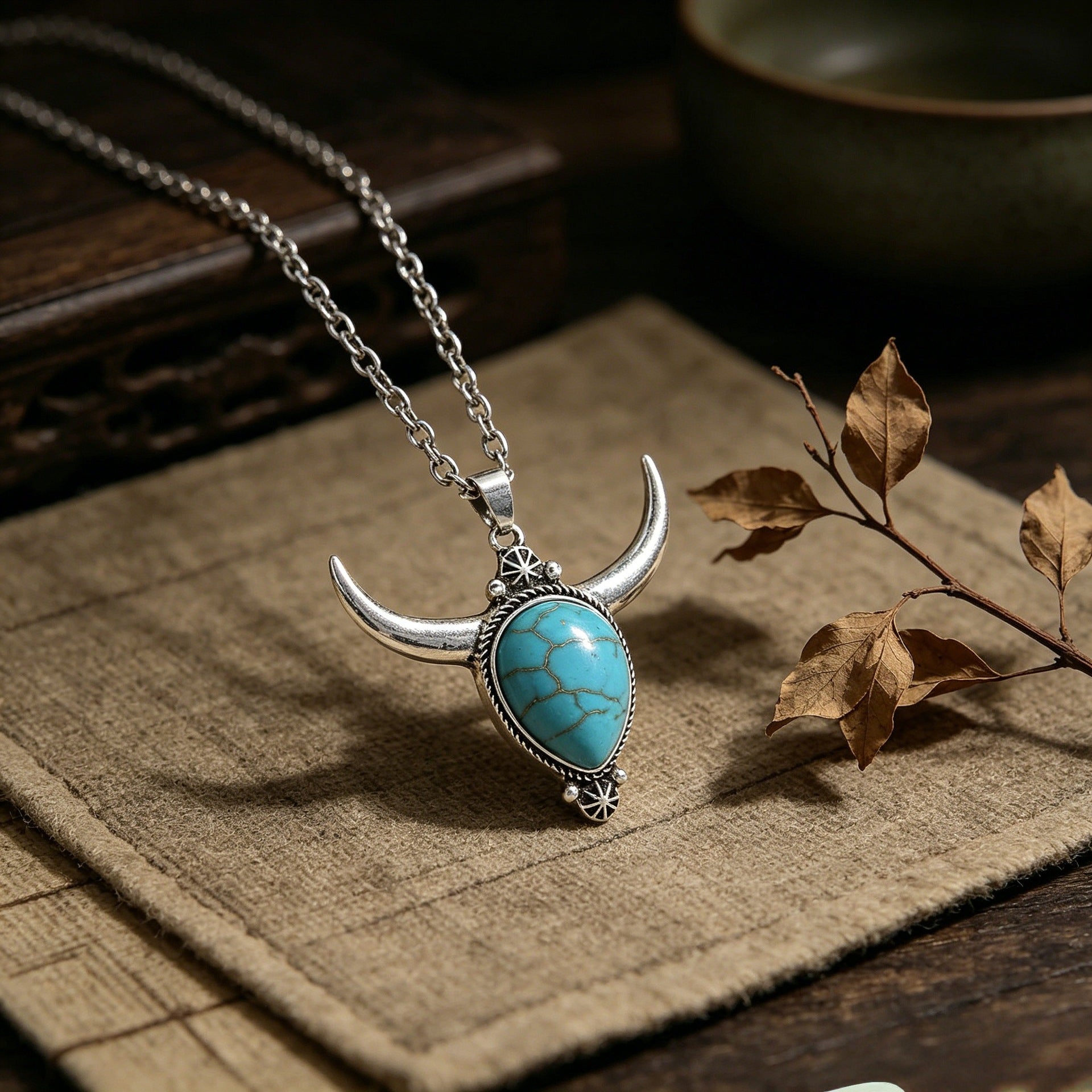 Wholesale Vintage Cowboy Bull Head Turquoise Alloy Necklace Western Style Pendant For Everyday Wear And Gift Giving