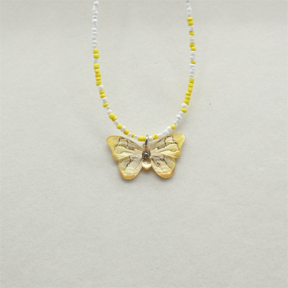 Wholesale gradient color bronzing butterfly sweet pendant rice beads beaded necklace