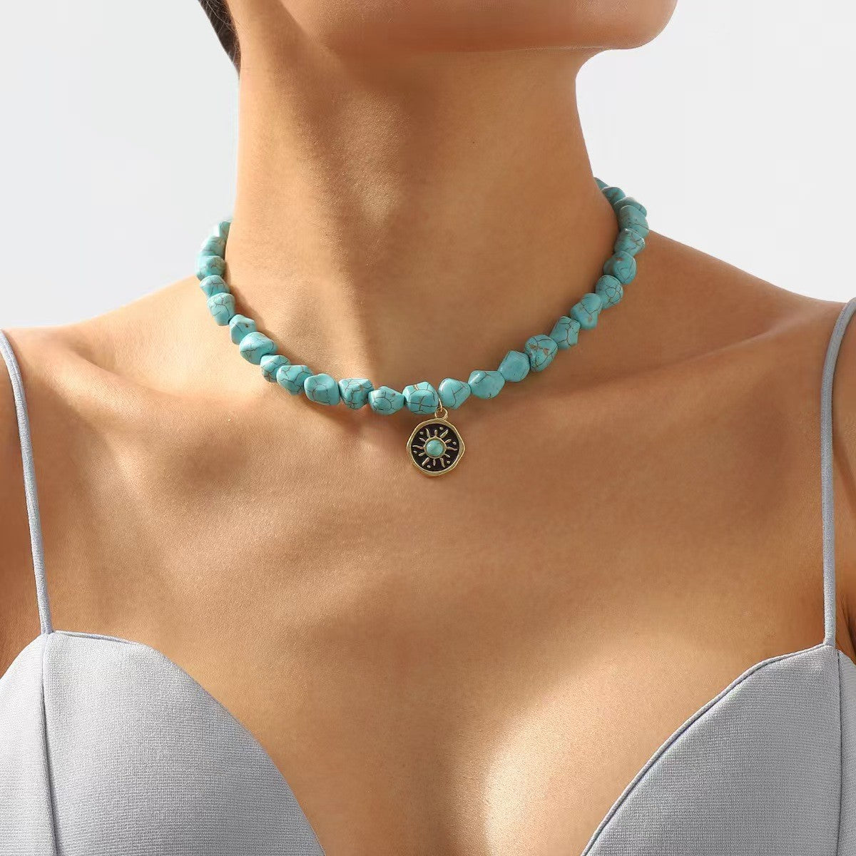 Wholesale Alloy Bohemian Turquoise Flower Necklace Fashion Accessory Gift Boutique Resale