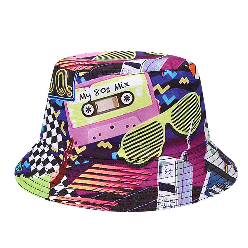 Wholesale  retro printed 80s 90s fisherman hat  double-sided basin hat outdoor bucket hat