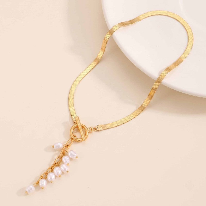 Wholesale French Chic Gold Snake Chain Necklace Zinc Alloy With Imitation Pearl Tassel Fashion Accessory