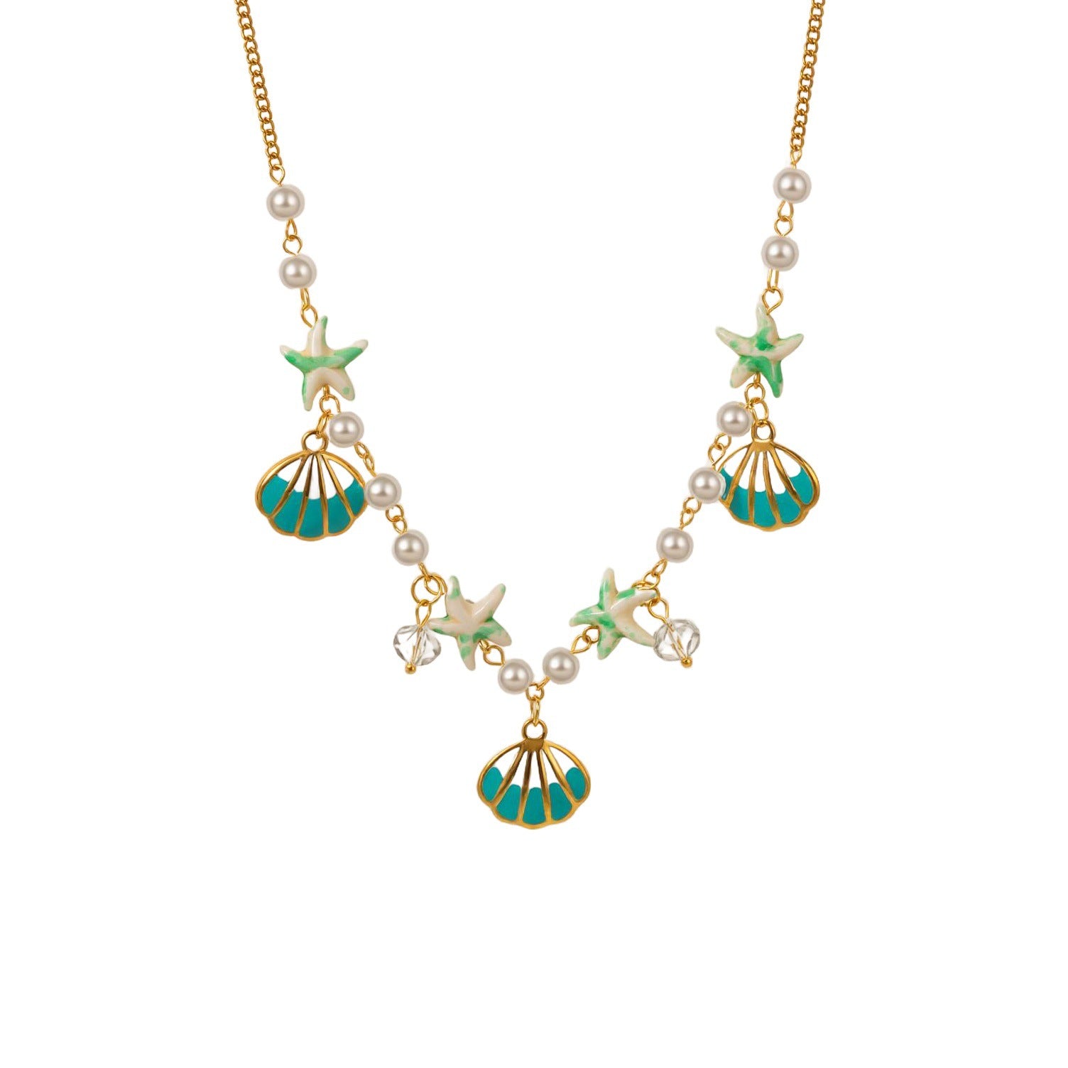 Wholesale Oceanic Resort Style Stainless Steel Necklace with Shells,  Starfish,  and Pearls