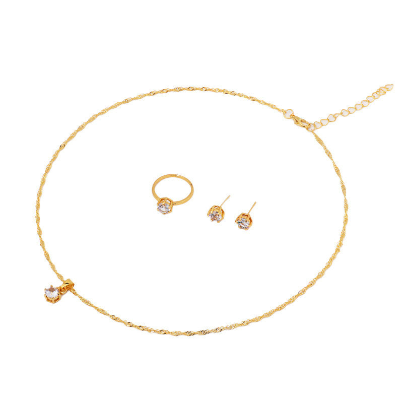 Wholesale round six-claw zircon  full diamond necklace ring earring three-piece set