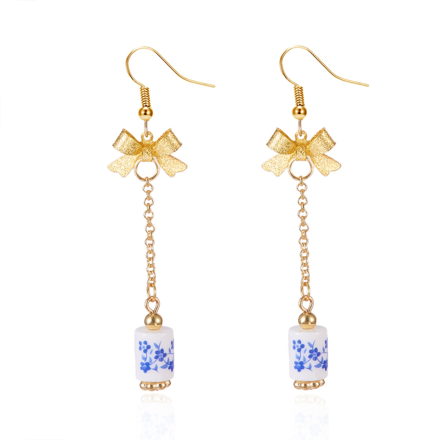 Wholesale Chinese style floral blue and white porcelain bow earrings