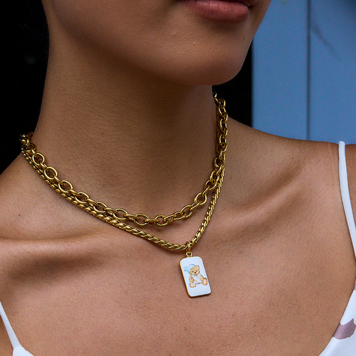 Wholesale 18K Gold Stainless Steel Oil Drop Printed Bear Pendant Necklace