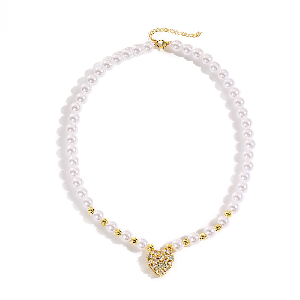 Wholesale  Love Zircon Pearl Necklace  Copper Plated 18K Gold Ladies Pearl Necklace