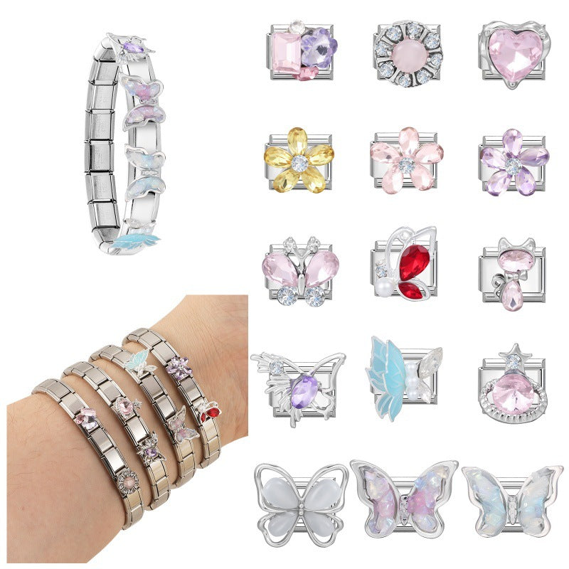 Wholesale DIY Italian Style Butterfly Flower Pearl Bracelet Set Stainless Steel Jewelry Accessory Gift Boutique