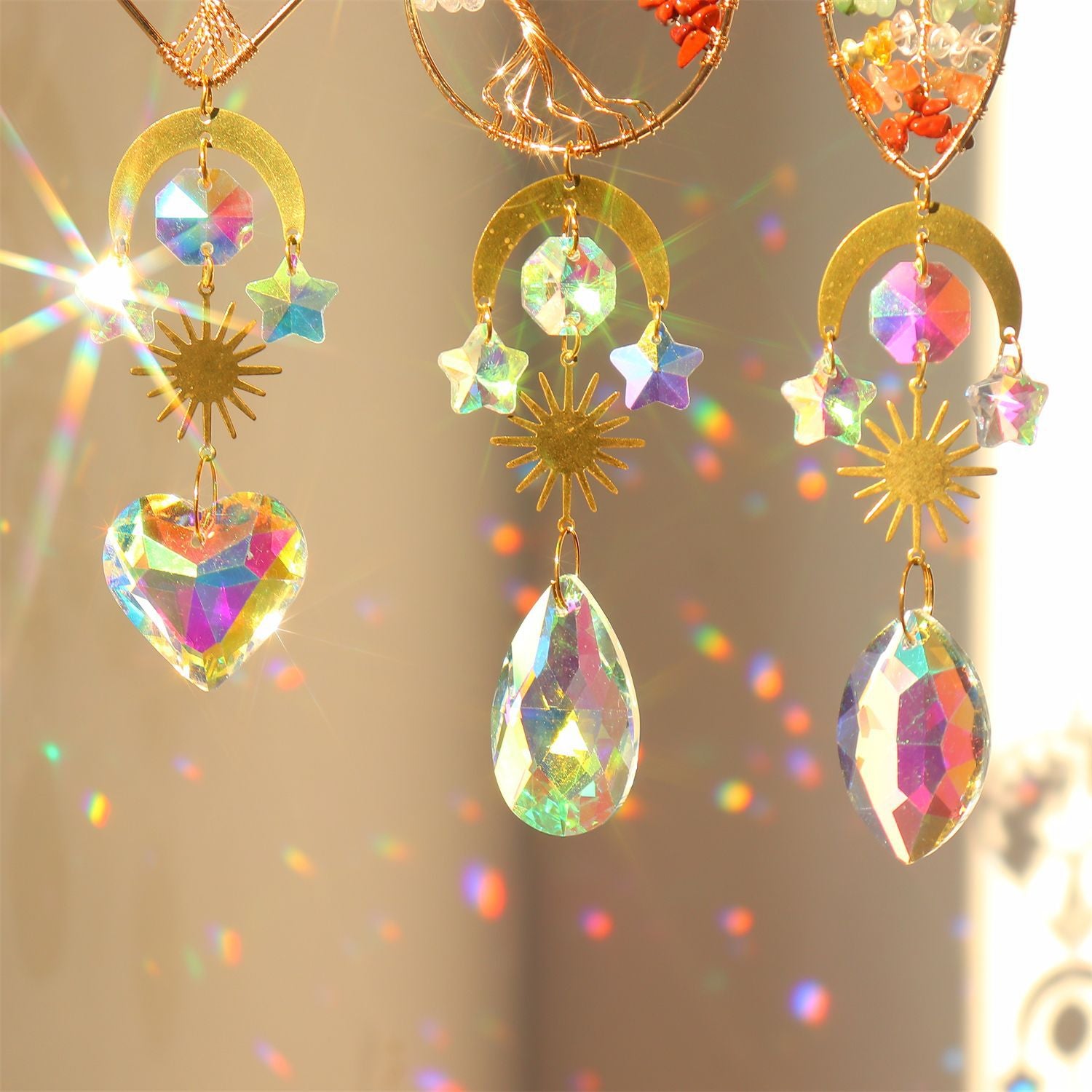 Wholesale Golden Life tree heart-shaped crystal catcher hanging window Sun prism decoration