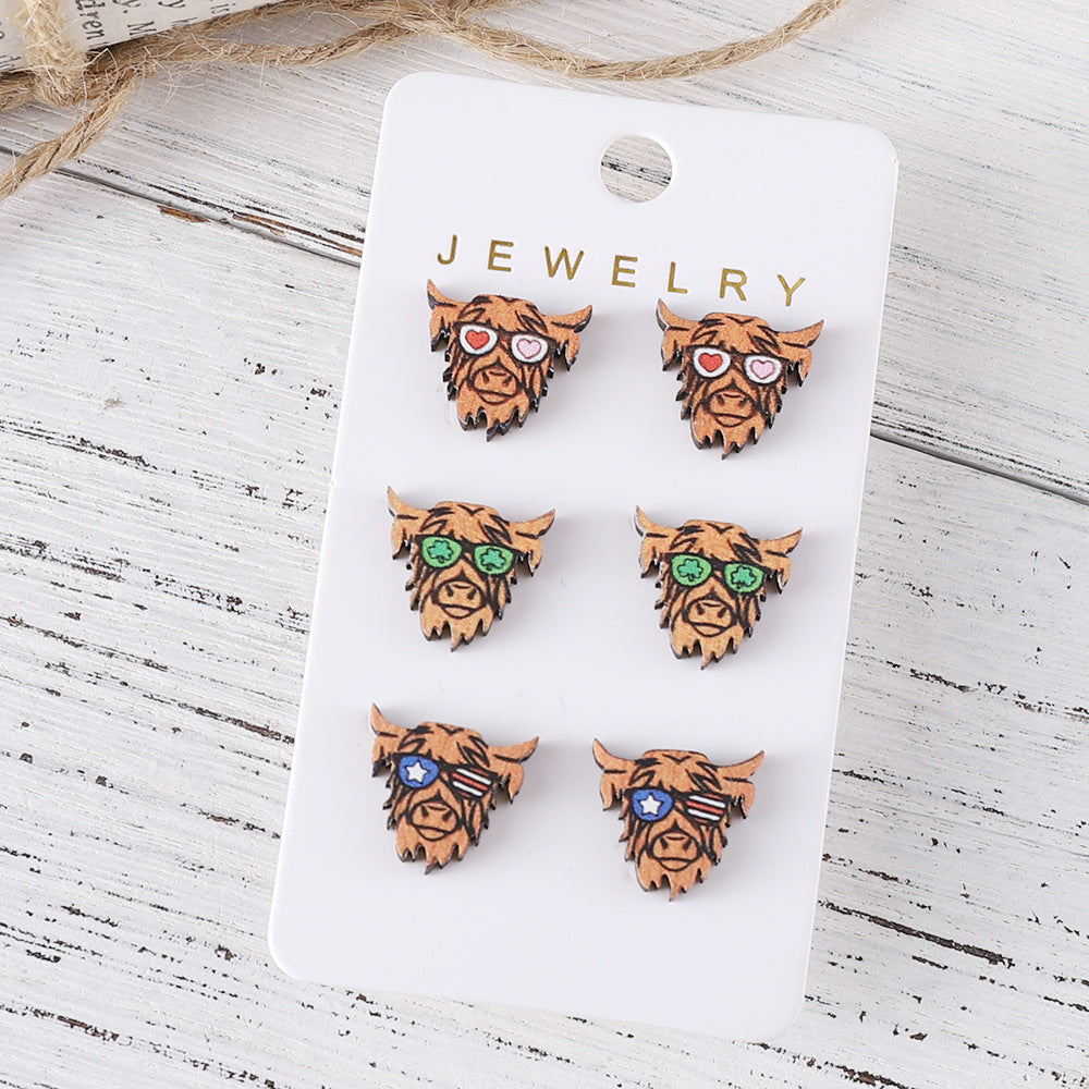 Wholesale Western Style Love Clover Glasses Alpine Bull Head Earrings Set ACC-ES-ChuLian084