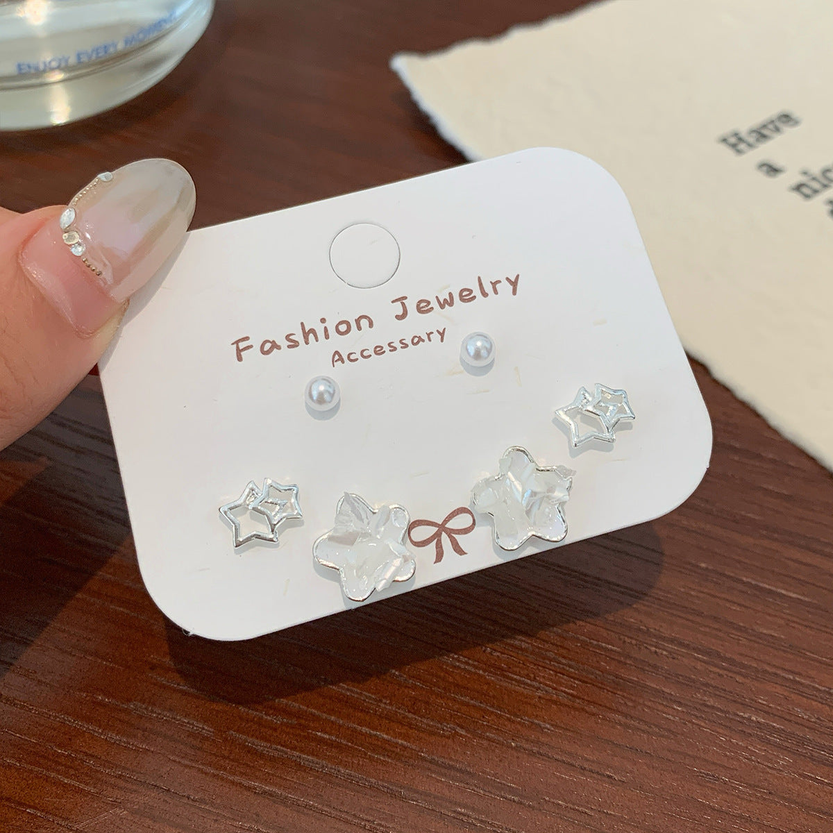 Wholesale Broken shells cat starfish earrings set silver needle heart bow earrings