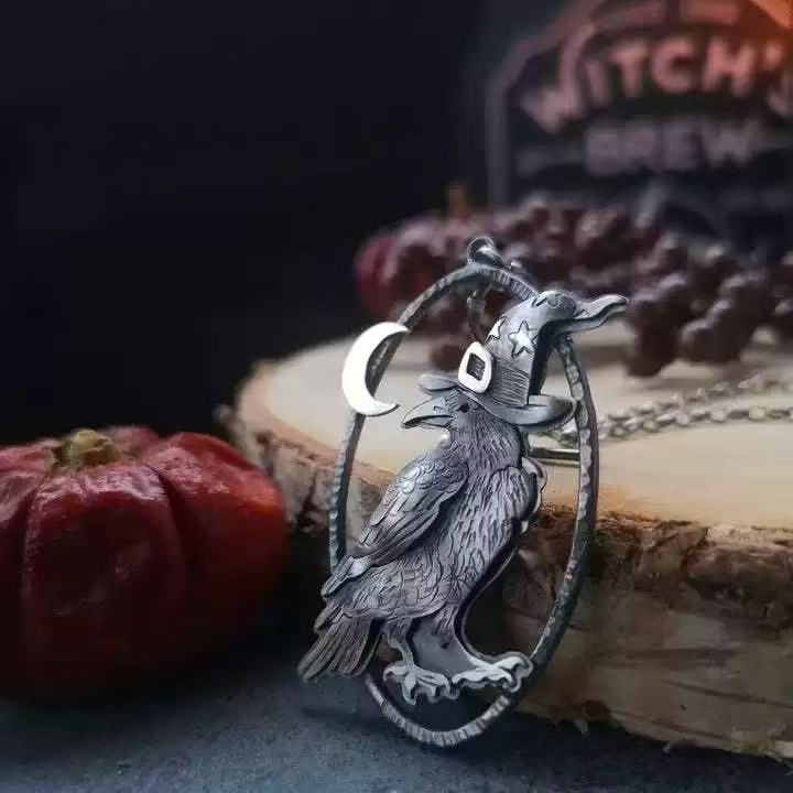 Wholesale Retro Magic Crow Wizard Hat Moon Oval Pendant Necklace