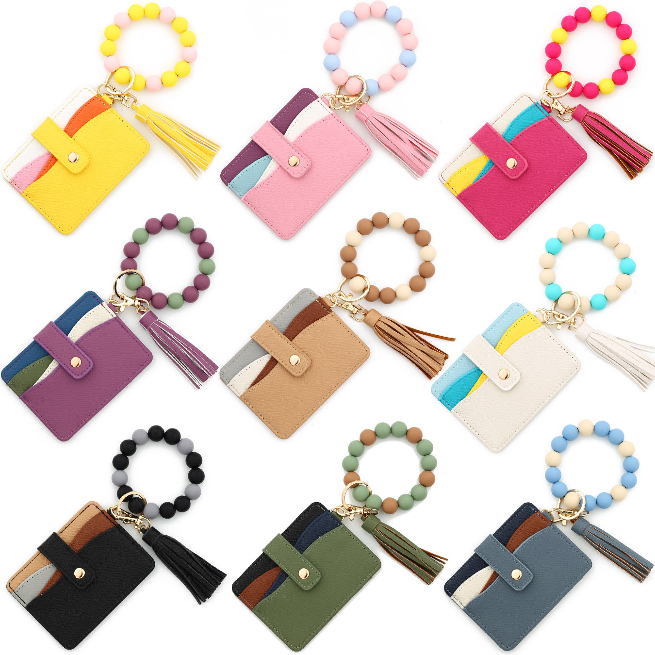 Wholesale Multi-layer Color-matching Card Bag Zipper Wristlet Keychain