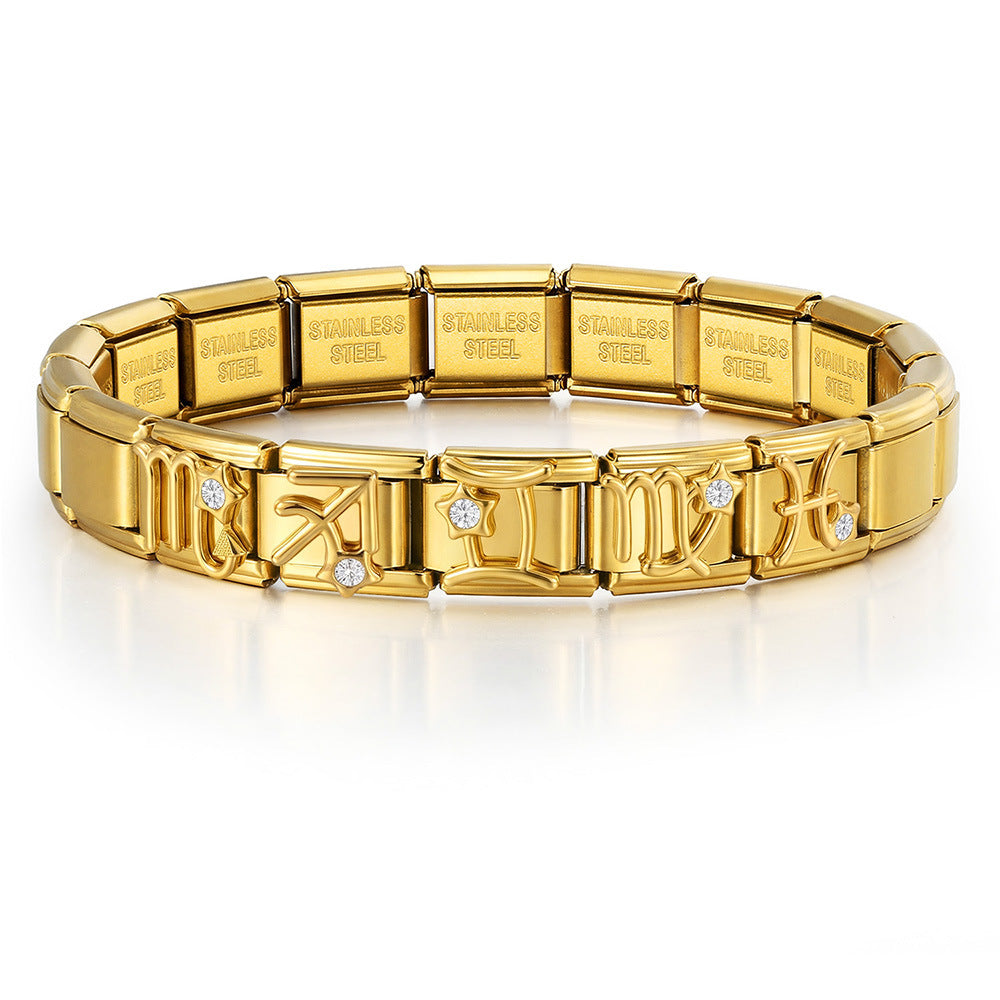 Wholesale Gold Tone 3D 12 Zodiac Stainless Steel Modular Stretch Bracelet DIY Jewelry Accessory For Boutique Resale