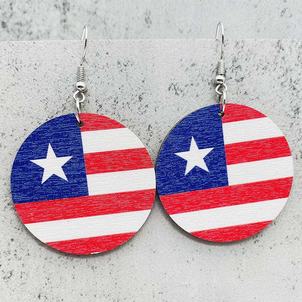 Wholesale Independence Day  American Flag Eagle Round Five-pointed Star Printed Wooden Earrings