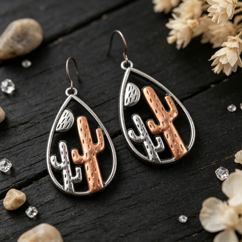 Wholesale Chic Two Tone Cactus Teardrop Earrings Retro Western Hollow Out Metal Jewelry Accessory