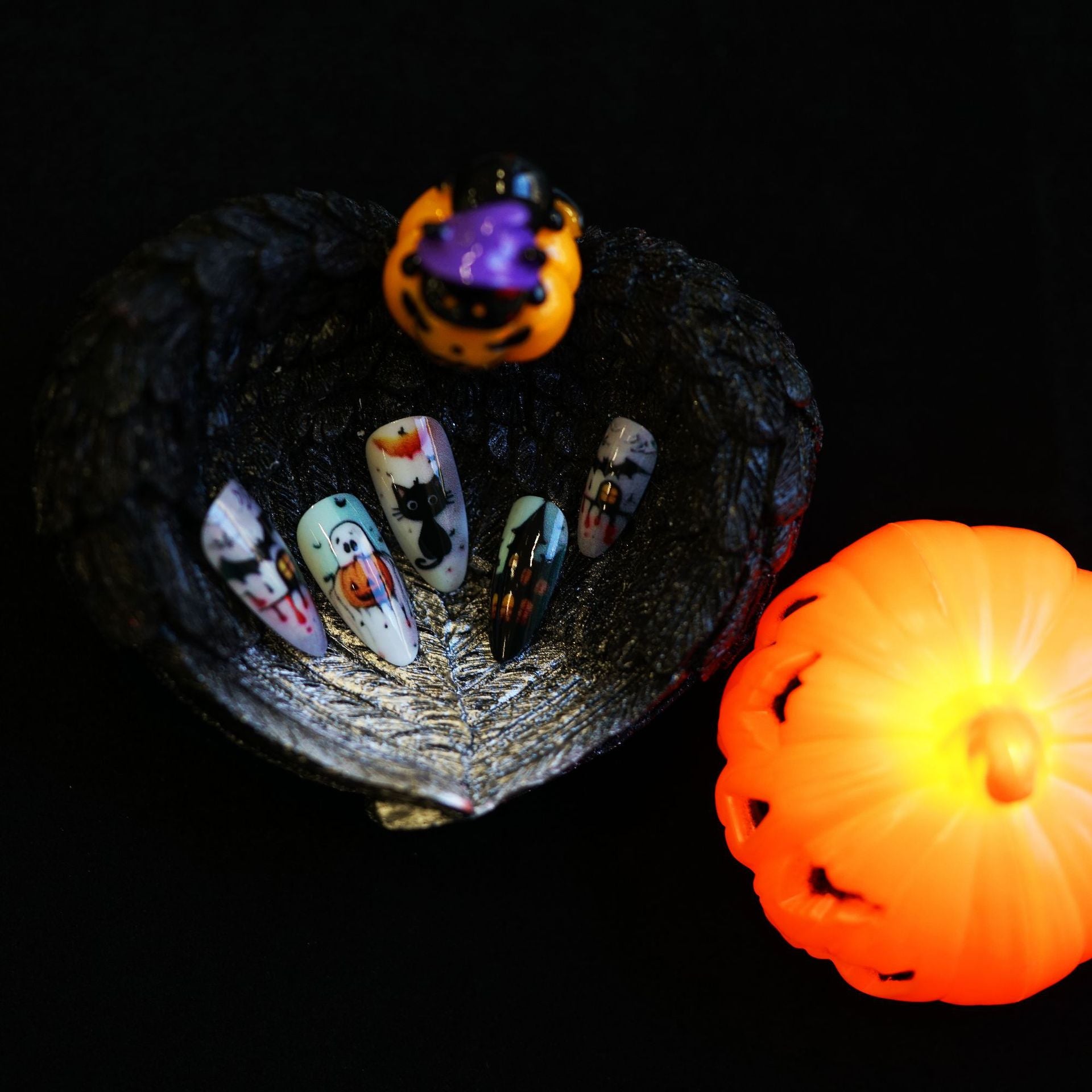 Wholesale 24 Pieces/ box  Pumpkin Castle Black Cat Nails Kits Nail Stickers