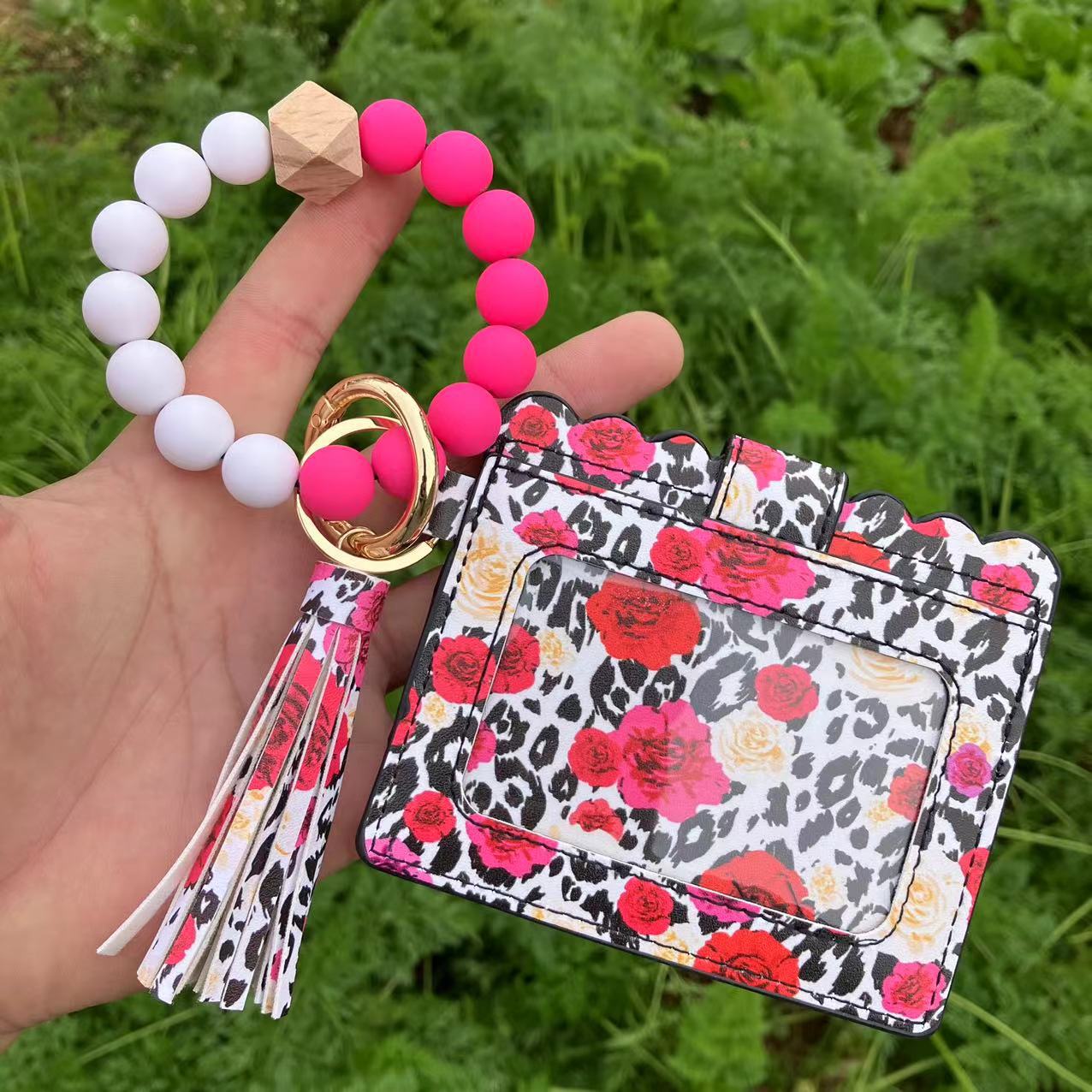 Wholesale Leopard Plaid Western Style Card Holder Silicone Beaded Wristlet Keychain ACC-KC-QiuXue011