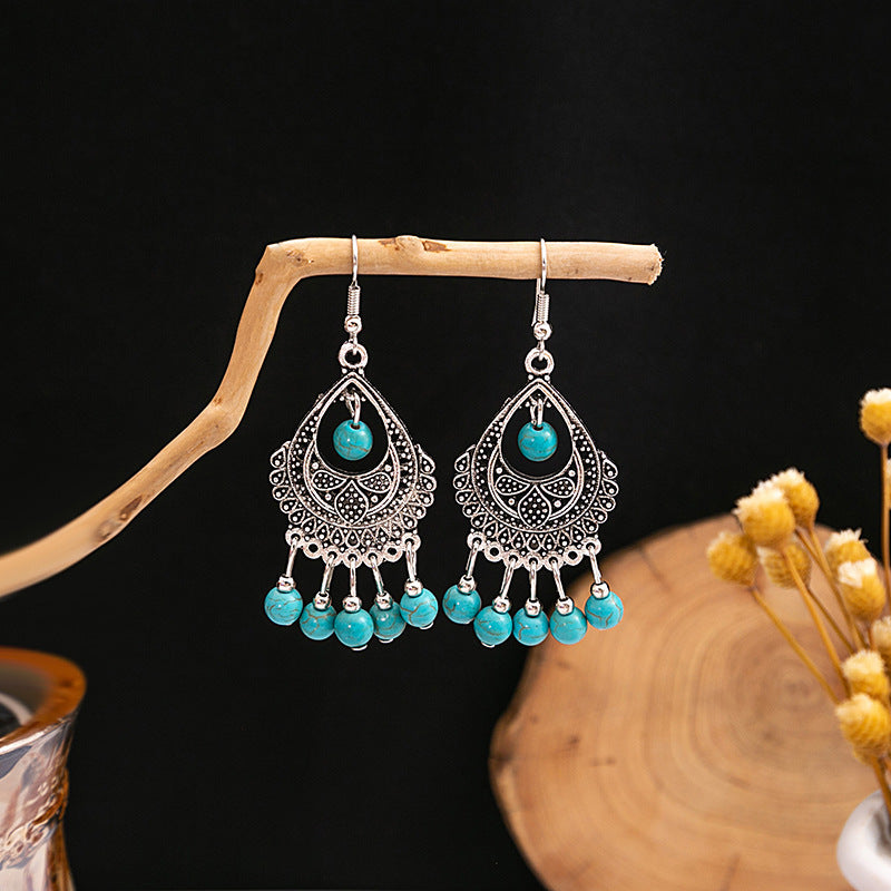 Wholesale Retro Ethnic Style Blue Turquoise Hollow Ring Flower Tassel Earrings Jewelry Accessory