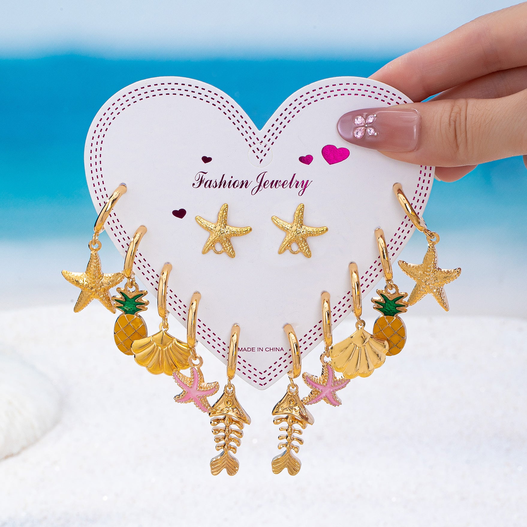 Wholesale Zinc Alloy Ocean Starfish Shell Earrings Set 6 Pairs Stylish Beach Vacation Jewelry Accessory Boutique Resale Gift