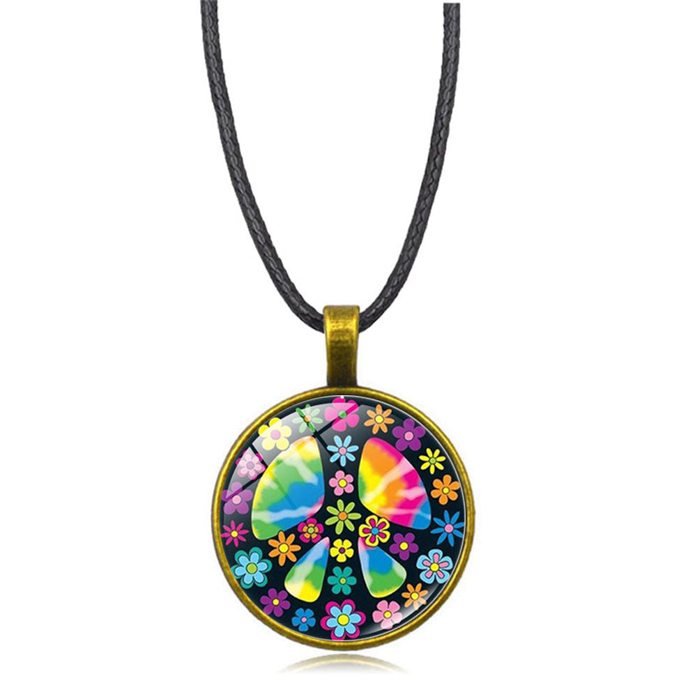 Wholesale Vintage Peace Sign Pendant Necklace Leather Rope Alloy Crystal Finish Boutique Jewelry Accessory