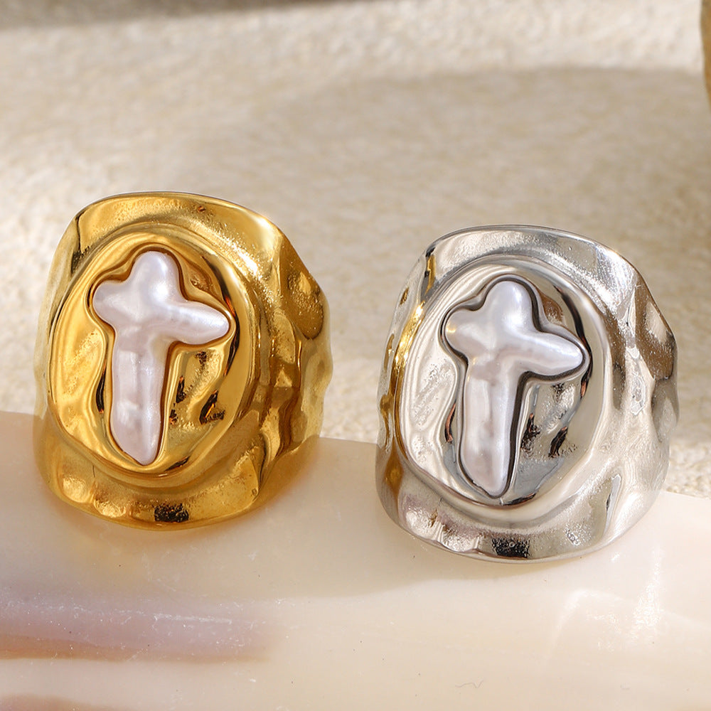 Wholesale 18K Gold Plated Imitation Pearl Cross Oval Ring,  Niche Style Fashion Jewelry Accessory for Boutique Resale