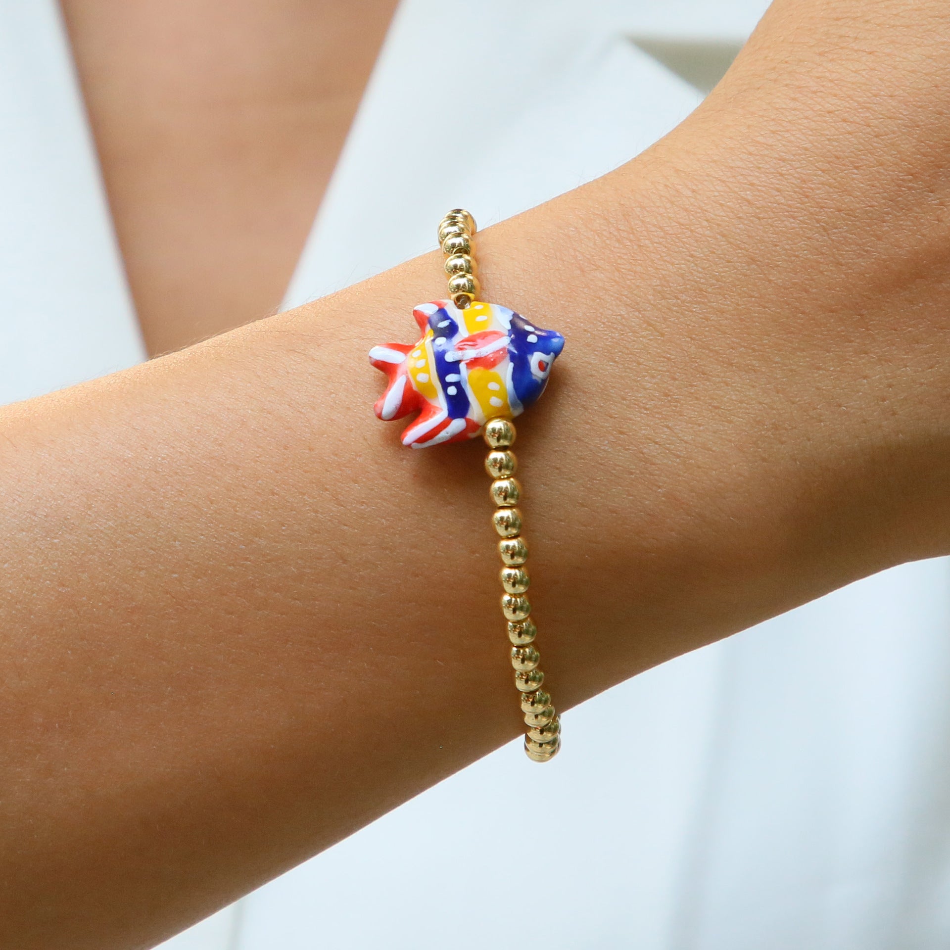 Wholesale Beach style ceramic glass colorful fish elastic rope copper bead bracelet