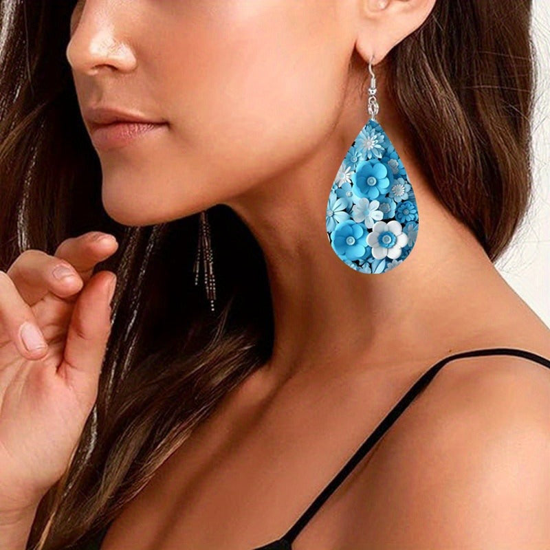 Wholesale  three-dimensional flower print teardrop pendant earrings