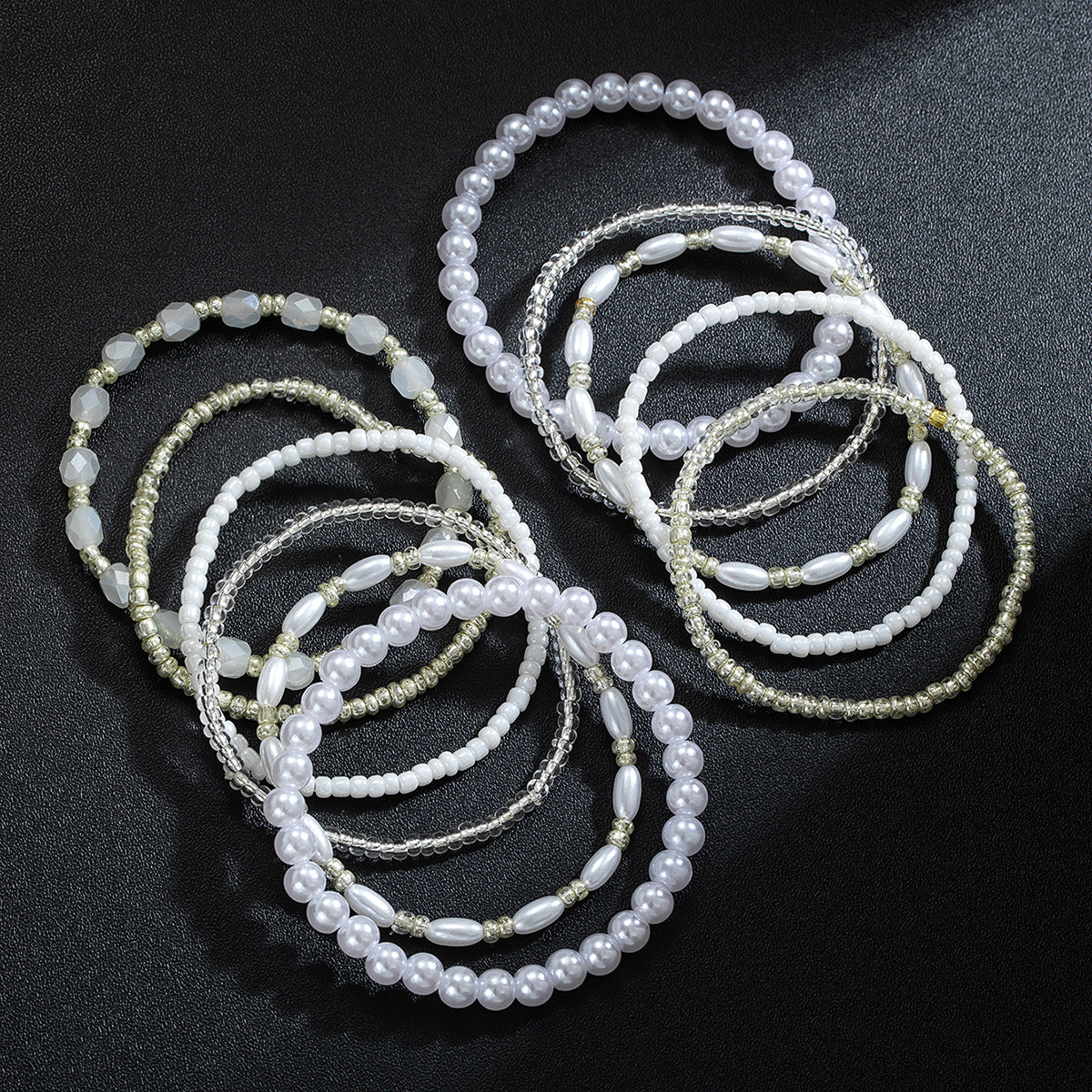 Wholesale Crystal Pearl Rice Beads Beaded Stacking Elastic Bracelet Set