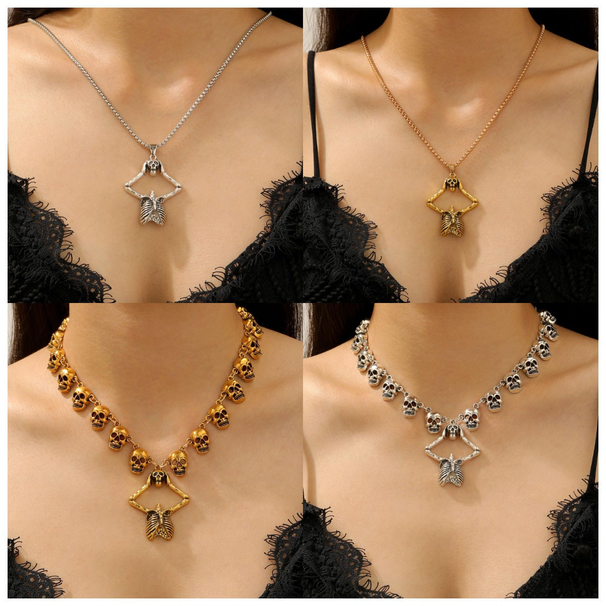 Wholesale Gothic Skeleton Skull Tassel Pendant Choker Necklace,  Antique Gold,  Zinc Alloy,  Fashion Accessory for Resale