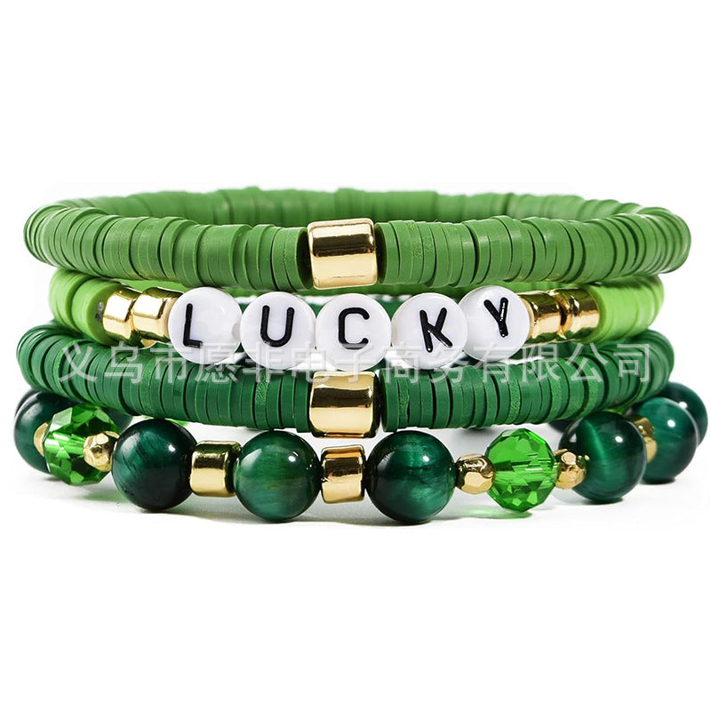 Wholesale St. Patrick's Day Green Stackable Clay Soft Pottery Beaded Stretch Bracelet
