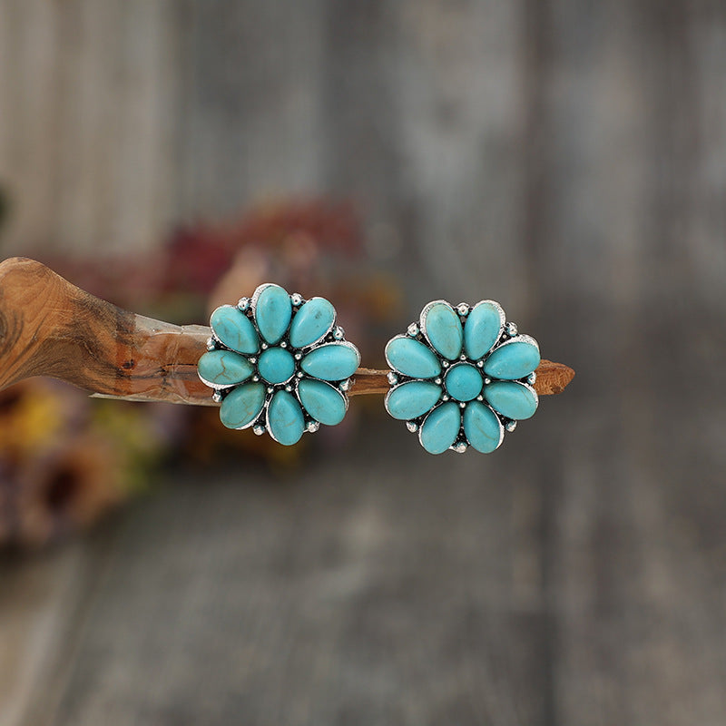 Wholesale Retro Bohemian Flower Silver Inlaid Turquoise Earrings for Everyday Wear Fashion Accessory