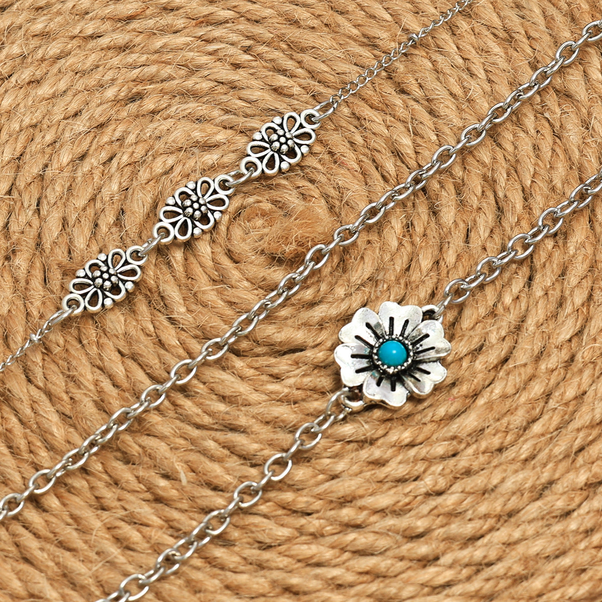 Wholesale Bohemian Turquoise Carved Hollow Flower Bracelet 3-Piece Set