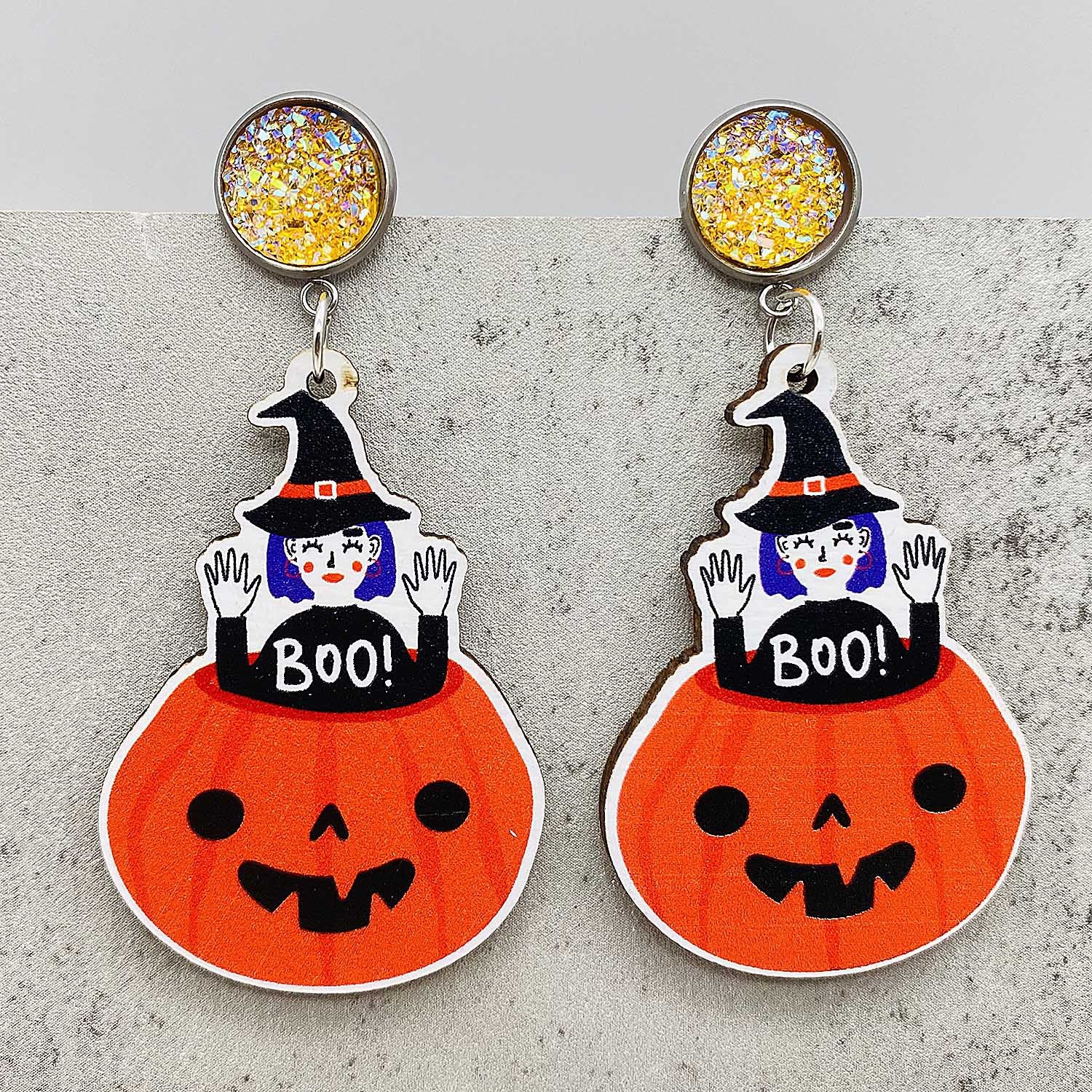Wholesale Halloween Horror Pumpkin Castle Wood Earrings ACC-ES-ChenY026
