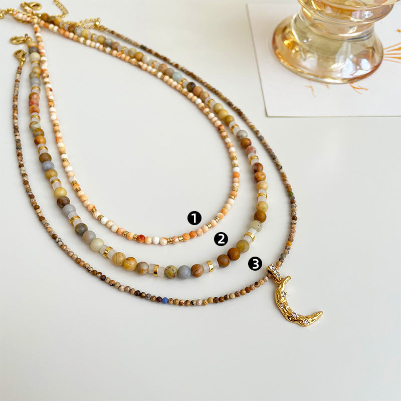 Wholesale Retro Bohemian Moon Natural Stone Pendant Beaded Necklace