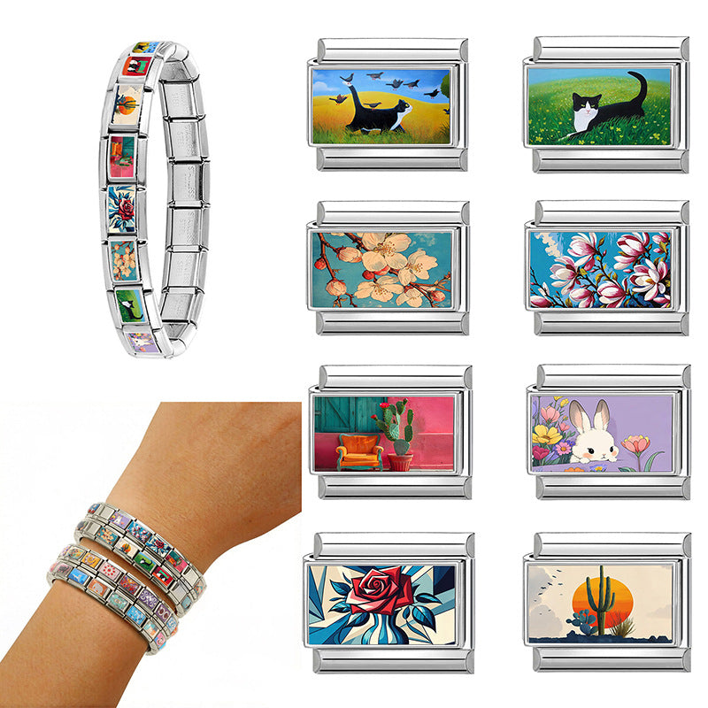 Wholesale Italian Style Cat and Flower Creative Stainless Steel DIY Bracelet Accessories Jewelry Gift