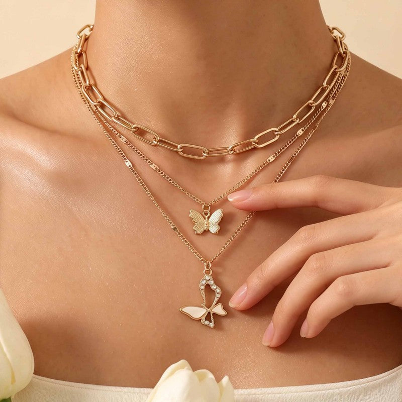 Wholesale Vintage Hollow Out Three Layer Butterfly Layering Necklace For Women Gold Alloy Fashion Accessory Gift