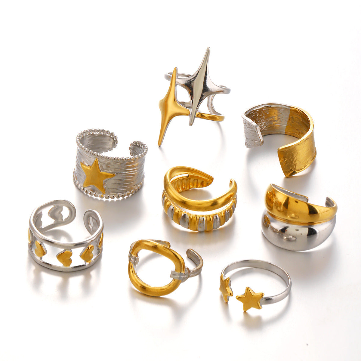 Wholesale Stylish Stainless Steel Star Ring for Women - Retro Geometric Design,  Gold and Steel Color,  Everyday Fashion Accessory